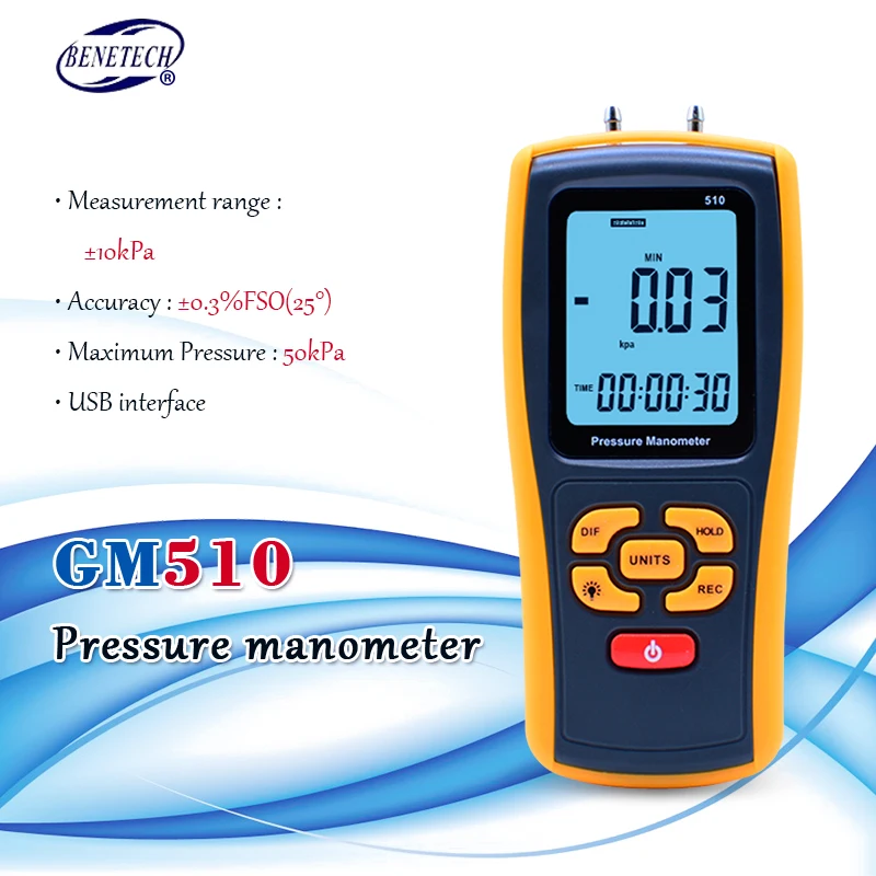 GM510 Portable LCD Display Pressure Manometer and Hydraulic System 10kPa Pressure Gauge for Fan Pressure Oven Pressure Wind Speed Digital Manometer