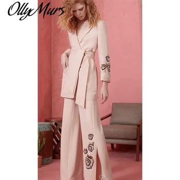 

2020 New Autumn Designer Trousers Suit Set Women's Elegant Embroidery Blazer Jacket And Split Wide Leg Pants Two Piece Sets