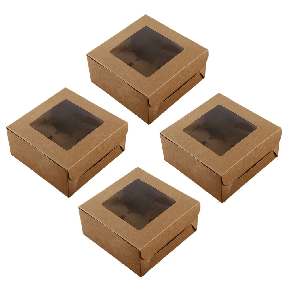 4 Cavities Kraft Paper Cupcake Box Dessert Containers Bakery Cake Carriers for Home Dessert Shop