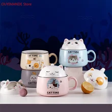 Multifunction Cartoon Cat Ceramic Instant Noodle Bowl 450ML 1020ML with Lid Handle Bowl Mug Fruit Bowl Home Dormitory Office