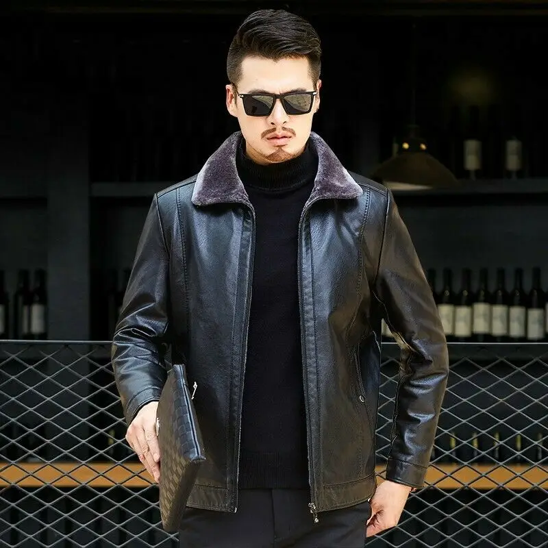 Для мужчин зимняя куртка теплая кожаная куртка Slim Fit из овечьей шерсти с отложным воротником на молнии дубленка C030