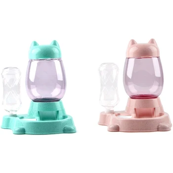 

2Pcs Pet Automatic Feeder Cat Dog Food Dispenser Water Drinking Bowl Feeding Dispenser Pets Supplies-Pink & Green