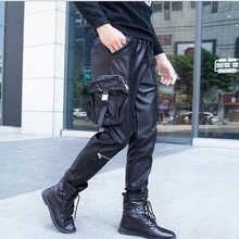 Размер 28-37, мужские Модные Штаны-шаровары из искусственной кожи с боковыми карманами, повседневные уличные джинсы для мотоциклистов и байкеров, DJ Rock, брюки-Слаксы