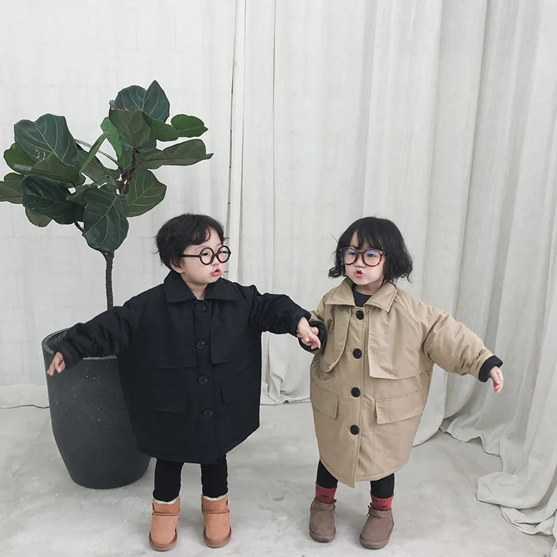 

Winter children's coat New Arrvial korean style cotton thickened warm loose long with big pockets windbreak jacket for girls boy
