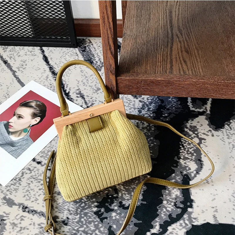 

NEW Retro Wool Handbag Wooden Top Handle Clip Bucket Bag Buckle Women Shoulder Messenger Bag Clutch Purse Bolso Femenino