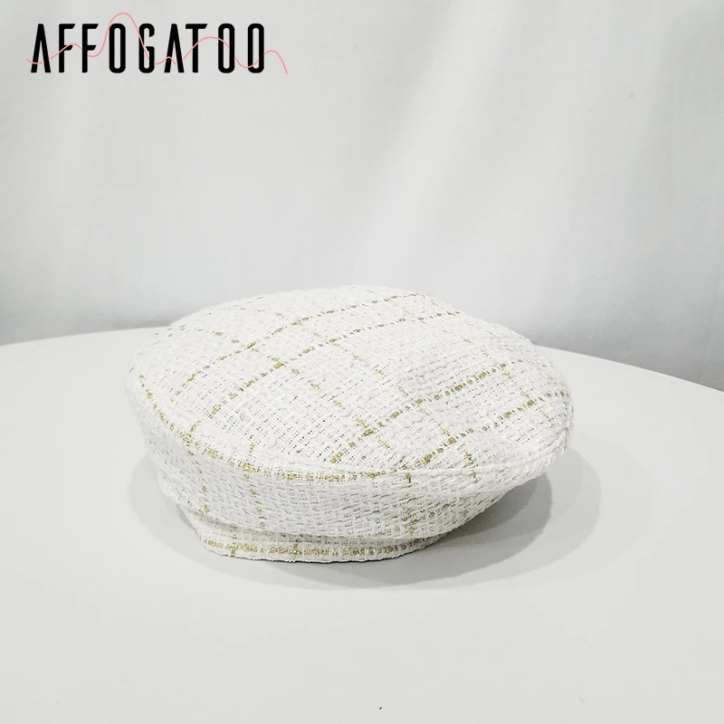 Белый Afogafoo/модные твидовые клетчатые женские шапки-береты на плоской подошве, элегантные осенне-зимние корейские женские шапки, Повседневная Регулируемая женская шляпа художника - Цвет: Белый