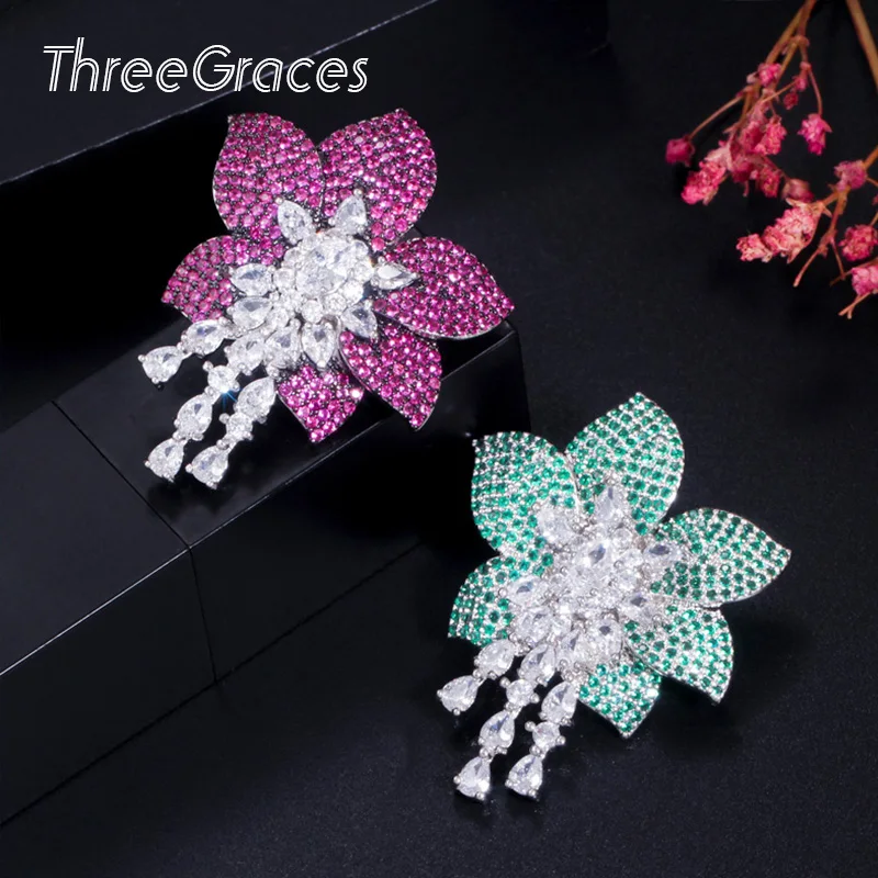 ThreeGraces Роскошный зеленый геометрический цветок лист падение большие серьги