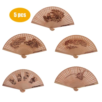 

5 pcs Fragrant Wood Fan Sandalwood Hollow Lady Folding Fan Wood Carving Printing Antique Craft Fan Wedding Favors and Gifts
