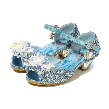 

girls Sandals Rhinestone pink Latin dance shoes 5-13 years old 6 children 7 summer high Heel Princess shoes kids Elsa sandal