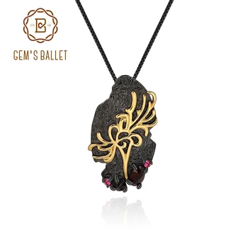 

GEM'S BALLET 925 Sterling Silver Handmade Golden Flower Pendant Necklace for Women Natural Black Garnet Gemstone Fine Jewelry