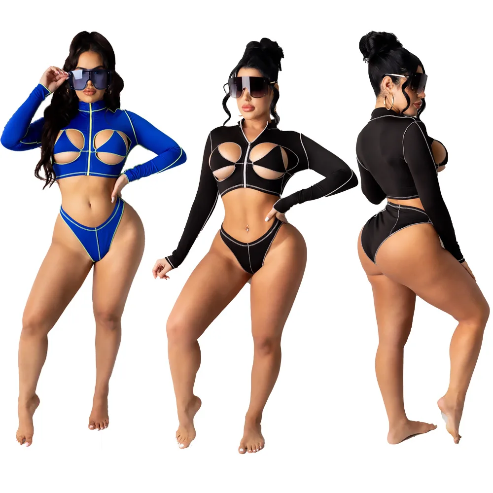 

2021 New summer hollow out long sleeve bikini set with zipper front sexy women two piece thong swimsuit swimwear bathing suit