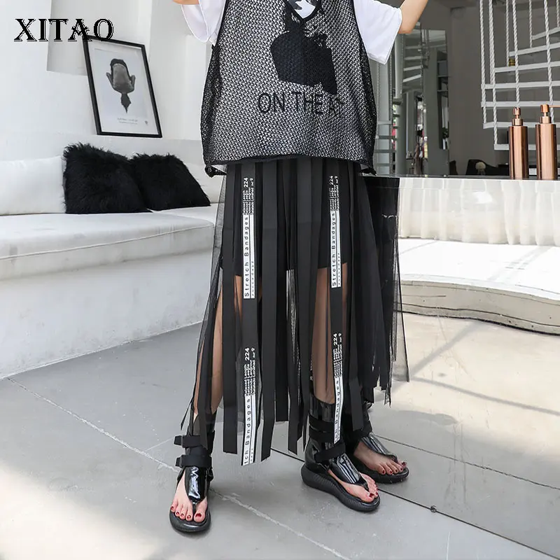 

XITAO Mesh Hollow Out Print Letter Long Skirt Women Tape Elastic Waist Black Casual A-line Summer 2019 New Korea WLD1084