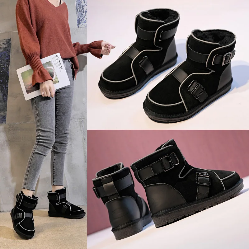 

2019 Winter New Fur One Snow Boots Female Reflective Stripe Plus Velvet Belt Buckle Motorcycle Boots Warm Luminous Cotton Shoes