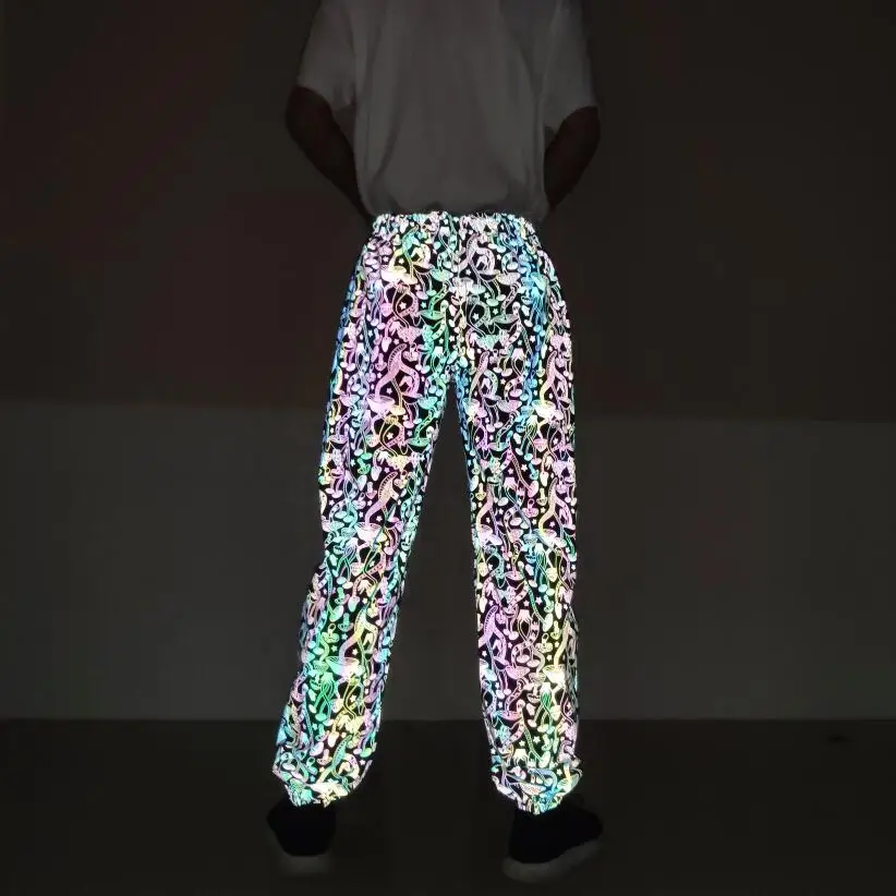 Мужские wo Мужские Танцевальные тренировочные брюки Красочные Светоотражающие длинные и короткие бегуны гриб хип-хоп шаровары уличная одежда светящиеся брюки - Цвет: Black Long Pants