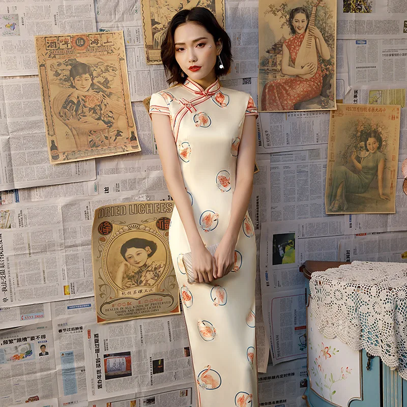 

Sheng Coco plus size yellow Chinese Dresses Long Qipao Daily Casual Dress Silk Cheongsam Women Vintage Swan Printing Chi Pao