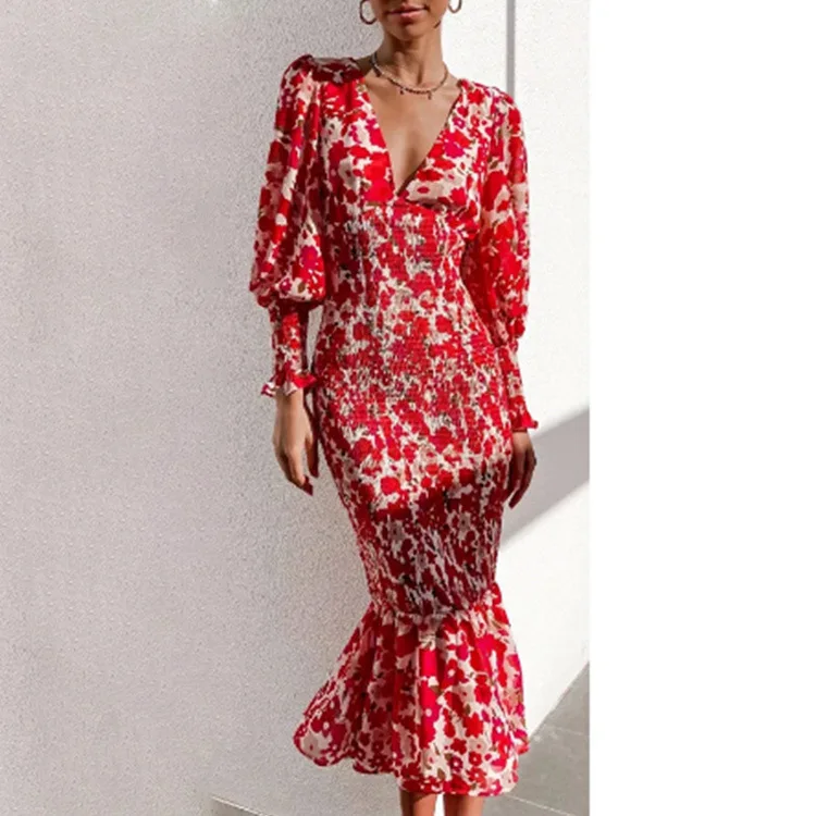 Summer Long Dress Women Red Print Ruched Midi Dress Woman V Neck Long Sleeve Elegant Robe Chic Vacation Casual DressesSummer Long Dress Women Red Print Ruched Midi Dress Woman V Neck Long Sleeve Elegant Robe Chic Vacation Casual Dresses