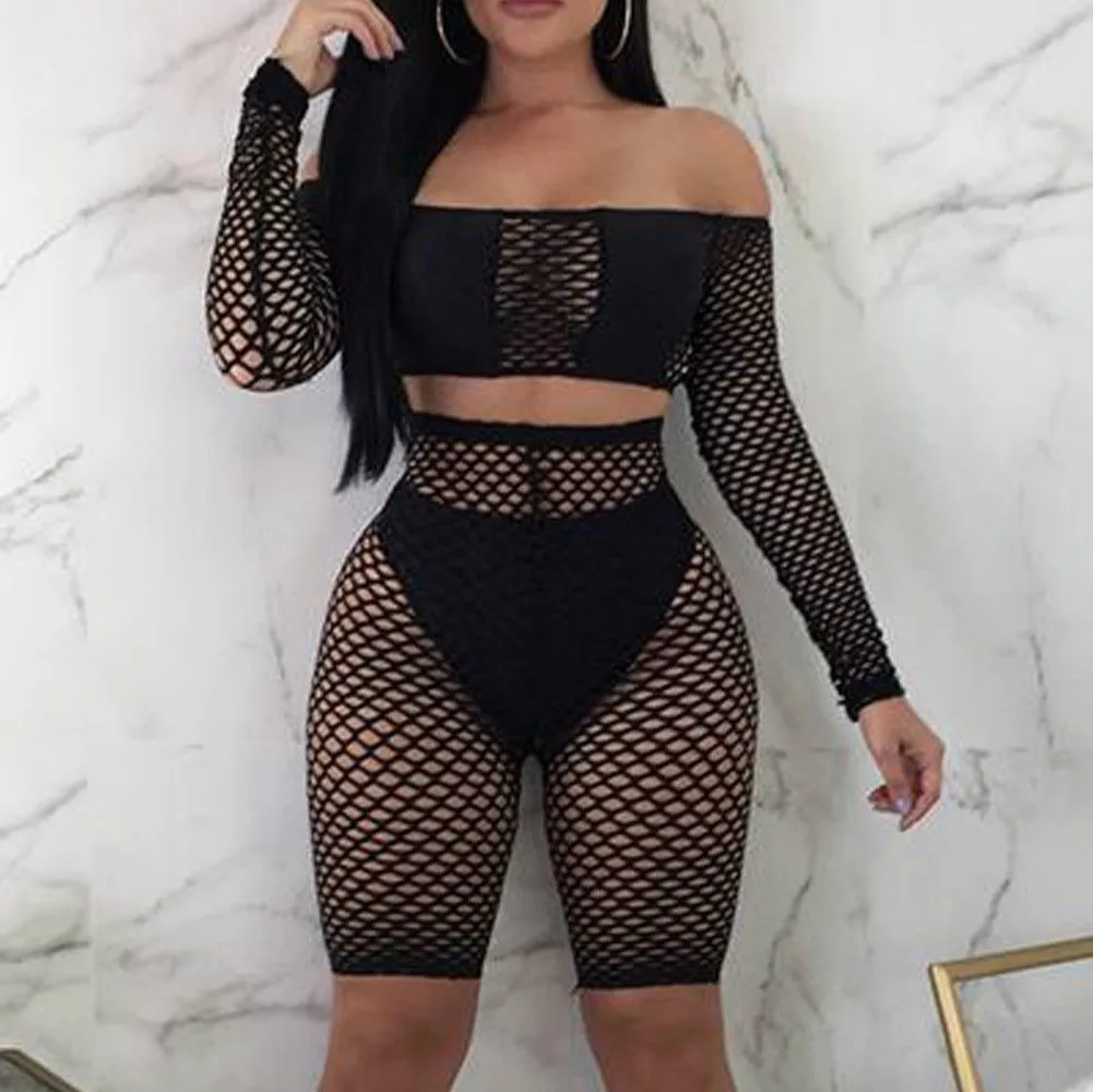 

Hot Summer Women's Mesh Sheer Bikini Cover Up Swimwear Swimsuit Bathing Suit Summer Tops Pants Fish Net Hollow Cover Up Set