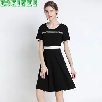 

2020 Summer New Round Neck Large Short Sleeve Women's Wear Fashionable And Versatile Cut Off Waist Fat Sister Knitting Dress