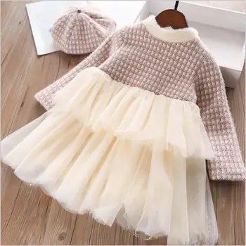 

girl dress and hat 2019 winter kids Long sleeve dress cotton wool children dress girls princess clothing