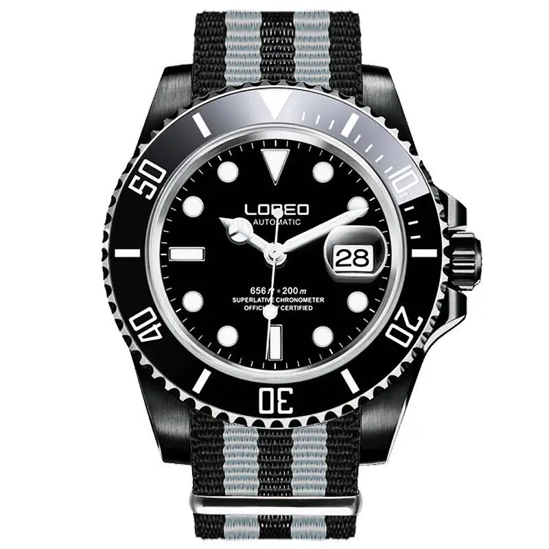 LOREO 9201 Германия yacht oyster perpetual master diver 200M автоматический самоветер календарь устойчивый к царапинам хронограф Спорт - Цвет: Black nylon