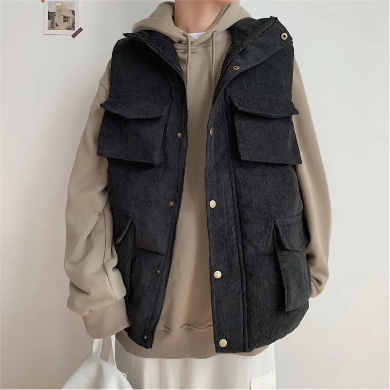 

Winter Vest Jacket Men Warm Fashion Solid Color Casual Multi-pocket Tooling Vest Streetwear Loose Cotton Vest Coat Men Clothes
