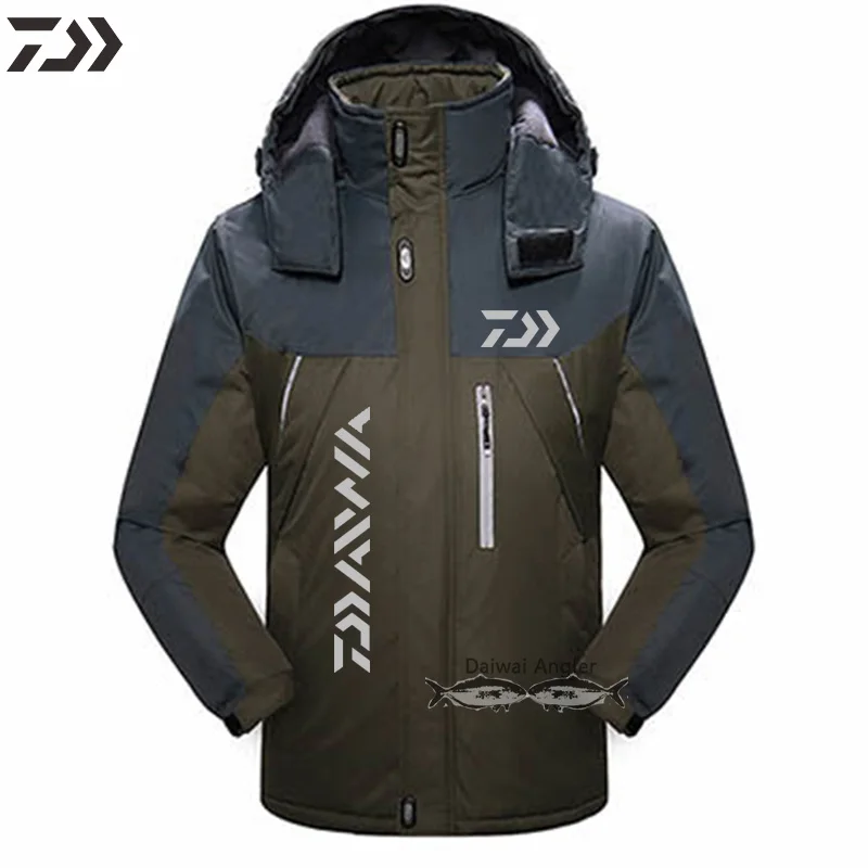 Brown Водонепроницаемая куртка для рыбалки Daiwa из толстого хлопка, теплая зимняя мужская M-5XL одежда для рыбалки с капюшоном для пеших прогулок, ветрозащитная прочная одежда - Цвет: Brown