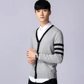 

Autumn 2020 Men's Knit Cardigan Sweater Teen Long Sleeve V-Neck Striped Sweater