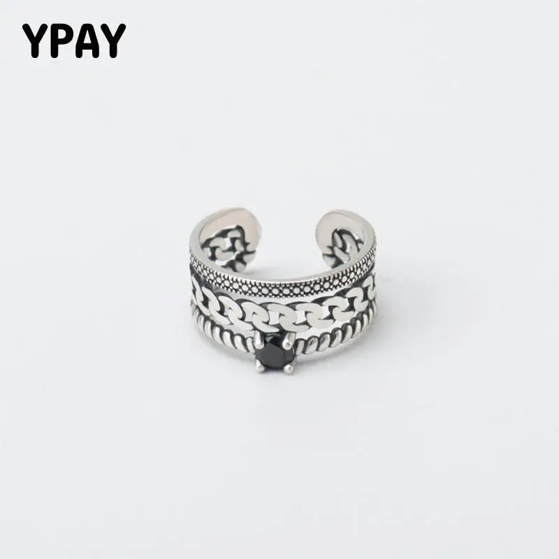 

YPAY Pure 925 Sterling Silver Opening Rings for Women Korean Twisted Chain Black Zircon Thai Silver Ring Party Jewellery YMR800