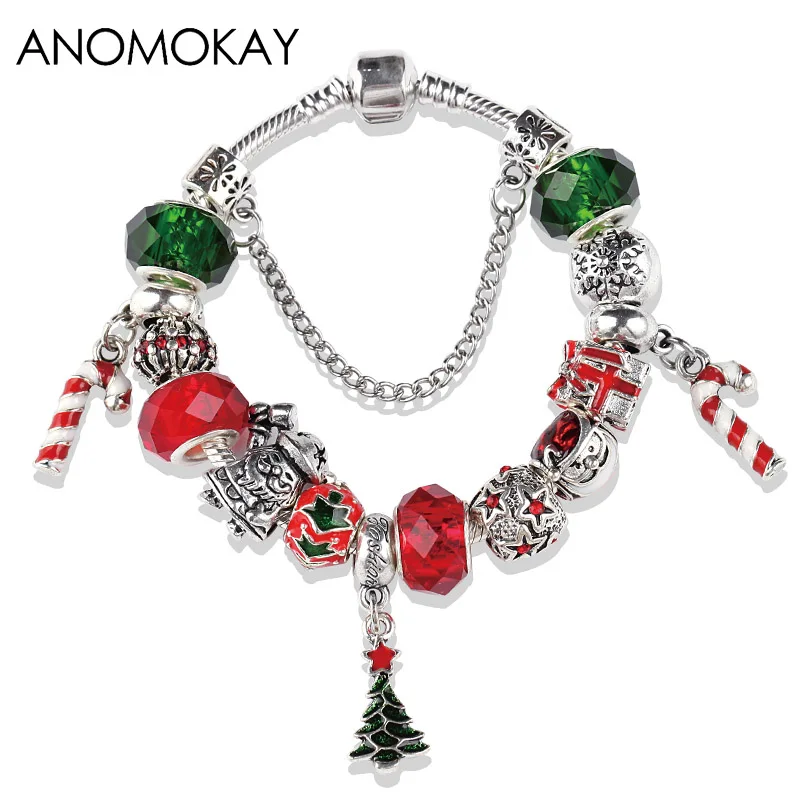 European& American Trendy Christmas Apple Charm Bracelet& Bangle Red Flower Crystal Diy Bead Bracelet Jewelry for Women - Окраска металла: Green Xmas Bracelet