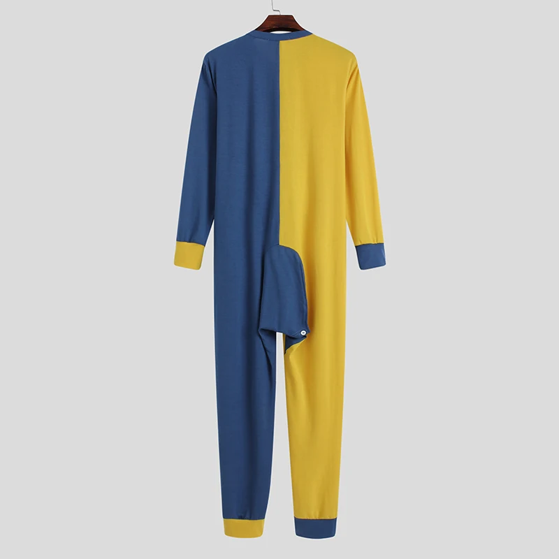 INCERUN Patchwork Men Pajamas Jumpsuit Long Sleeve Button Homewear Comfy Mens Rompers Sleepwear Fitness Leisure Overalls S-5XL 7 men's silk pajamas