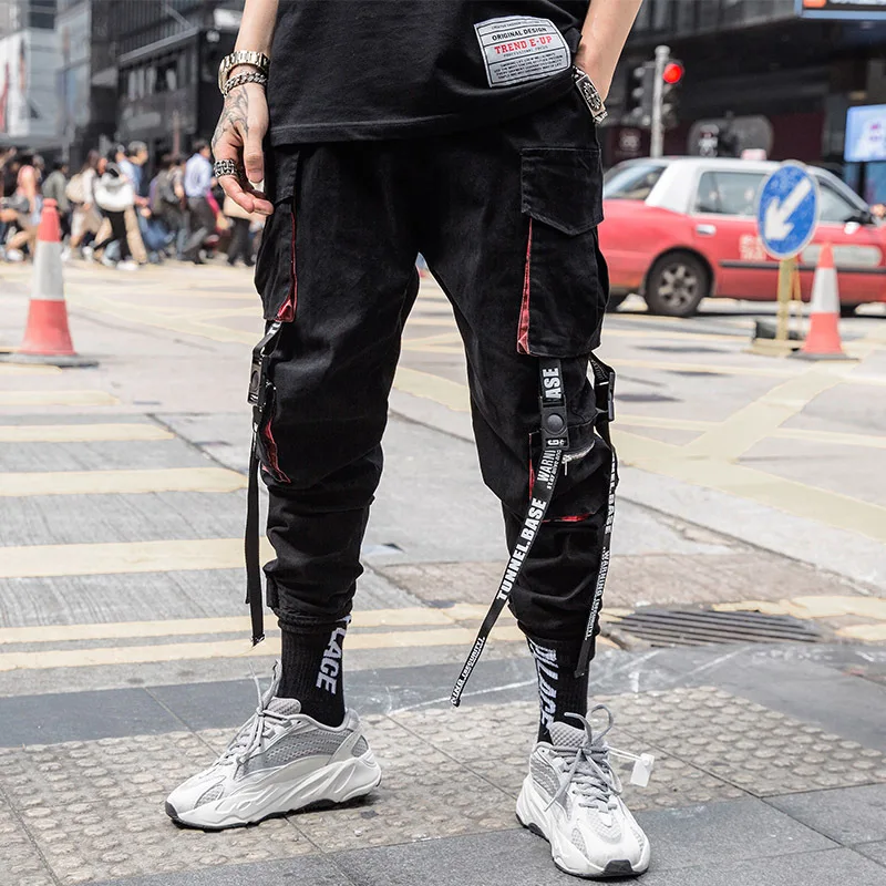 Men Cargo Pants Black Ribbons Block Multi-Pocket Harem Joggers Harajuku Sweatpant Hip Hop Casual Harem Tide Male Trousers cargo jeans Cargo Pants