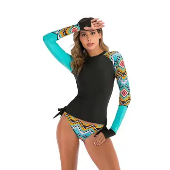 

New Print Women Two Pieces Swimwear Long Sleeve Bikinis Set Bodysuit Tankinis Swimsuit Surf Bathing Suit