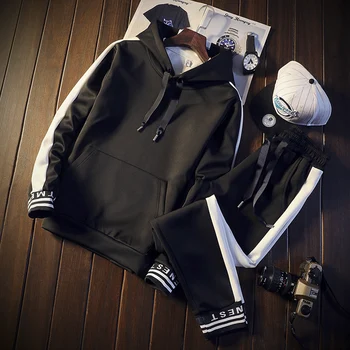 

Men Tracksuit Set Sportswear 2 Piece Sets Long Sleeve Fashion Hooded Jacket Suit Men Spring Autumn Sporting Suit Jacket+Pant