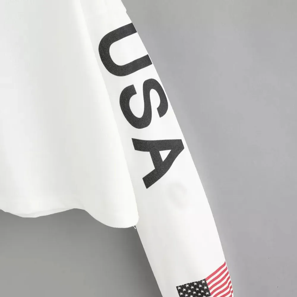 Американский флаг США с буквенным принтом Толстовка Женская Осенняя Harajuku Повседневная короткий Свитшот белый шнурок пуловер с капюшоном Топ# Y3