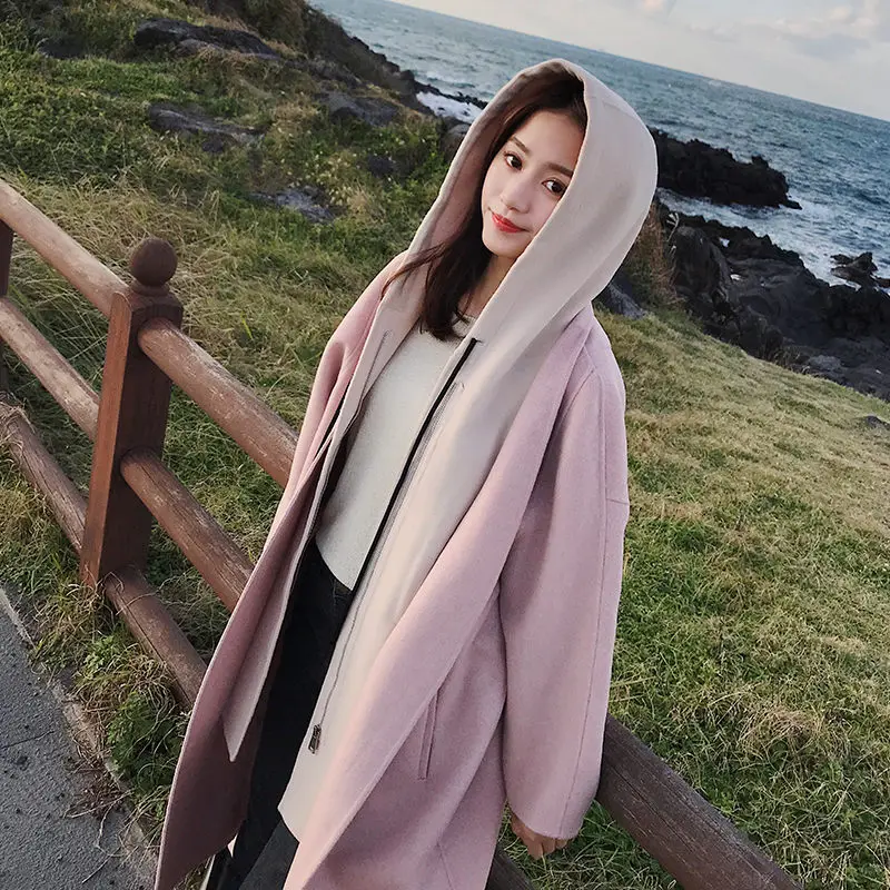 

Hooded Faux 2pcs Set Women Wool Coat 2019 New Autumn Winter Casual Woolen Jacket Oversize Wool Blend Casaco Feminino Pink f1411