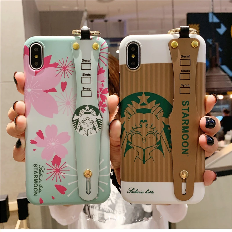

Japan cute Sailor Moon fashion coffee metal buckle wrist bracket silicone cover for iphone 11Pro MAX XS XR 7 8plus X phone cases