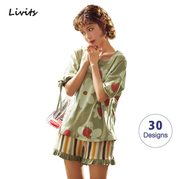 

Women's Pajamas Set High Quality Cotton Pyjamas Sleepwear Nightwear Short Sleeve Cute Cartoon Vintage Retro For Female Girl