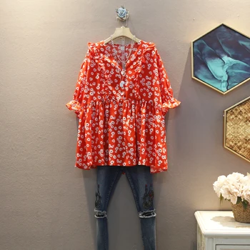 

[EWQ] 2020 Spring Summer New Pattern V-collar Short Sleeve Print Patchwork Pullovers Casual Shirt Women Fashion Tide 3AJ13001