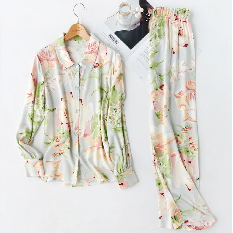 Модные женские пижамы сатиновая Пижама с отложным воротником и длинными рукавами и штаны с цветочным принтом, повседневная домашняя одежда для сна