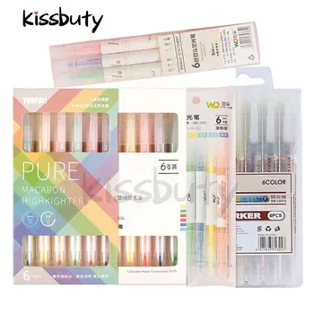 

6Colors/set KissButy Double Head Highlighter Pen Art Markers Soft Color Highlighter Bullet diary Graffiti Poster card Stationery
