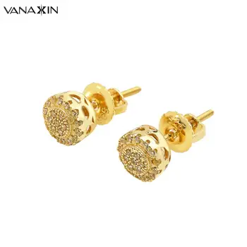 

VANAXIN Stud Earrings Cubic Zircon AAA Paved CZ Round Mini Earring Iced Out Hip Hop Gold Color Jewelry Fashion Gift Free Box