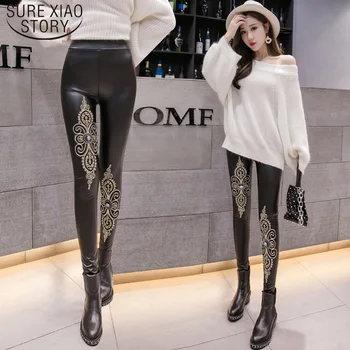 

Fashion Sexy PU High Waist Lace Tight Women Trousers Slim Embroider Women Autumn Long Pants Warm Black Floral Plus Size 7595 50