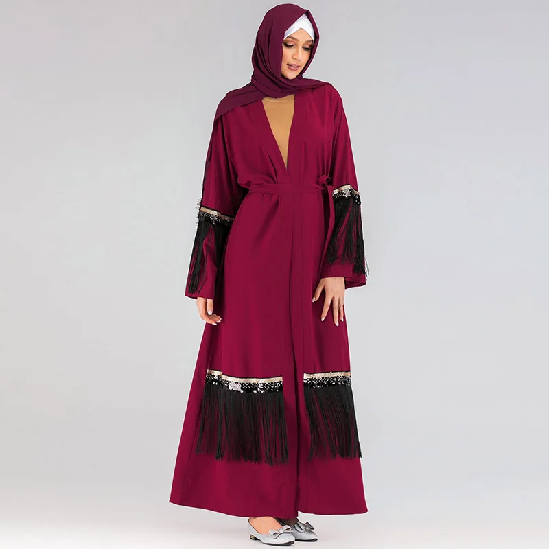 

Muslim Turkish Fashion Sequins Tassel abaya Cardigan Robe Indonesia Arabian Casual Dress Islamic Morocco Kaftan Women's Robe