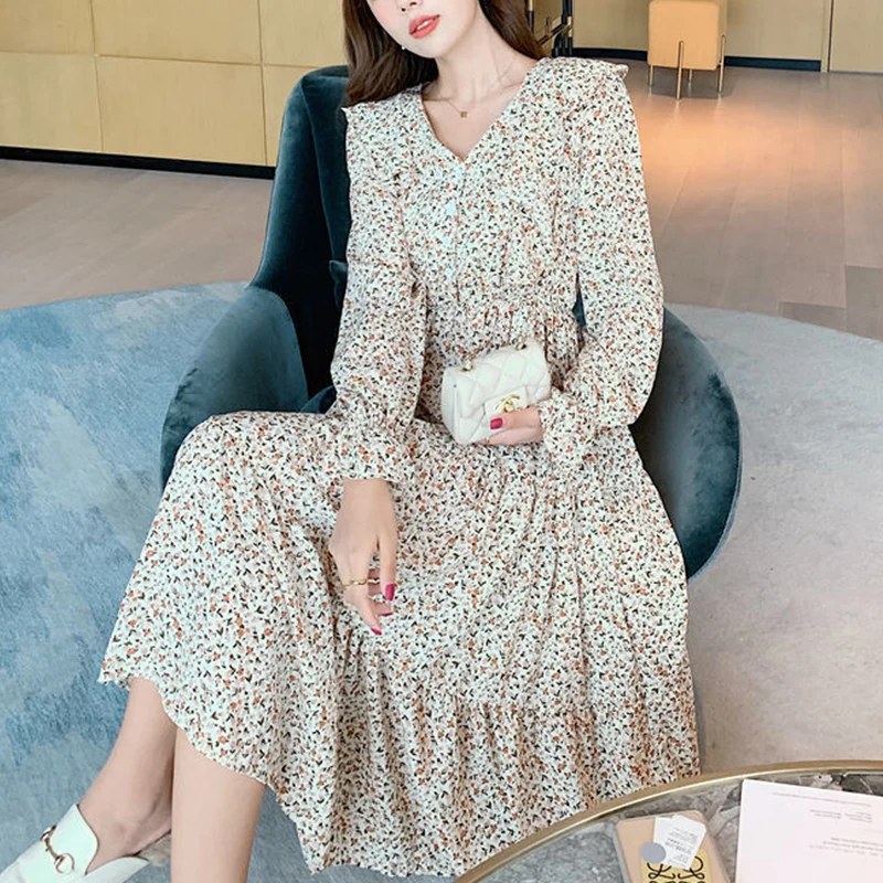 

Floral Dress Women Korean Midi Dress Ruffles Puff Sleeve Lady New High Waist One Piece Korean Fashion Clothing Autumn 2020 Women