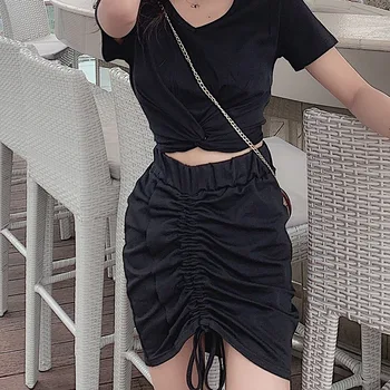 

2019 skirts womens Summer Casual Drawstring Pleated Mini Tight Skirt Elastic High Waist Sexy faldas mujer moda
