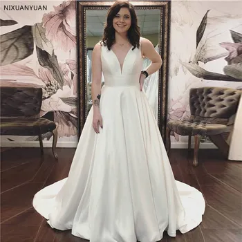 

Sleeveless V-neck Simple A-line Wedding Dress Custom White Ivory Satin Chapel Train Vestido De Novia 2020 New Bridal Dresses
