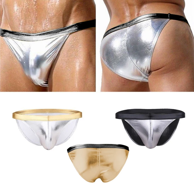 Мужские сексуальные трусы с карманом из плотной лакированной кожи глянцевое