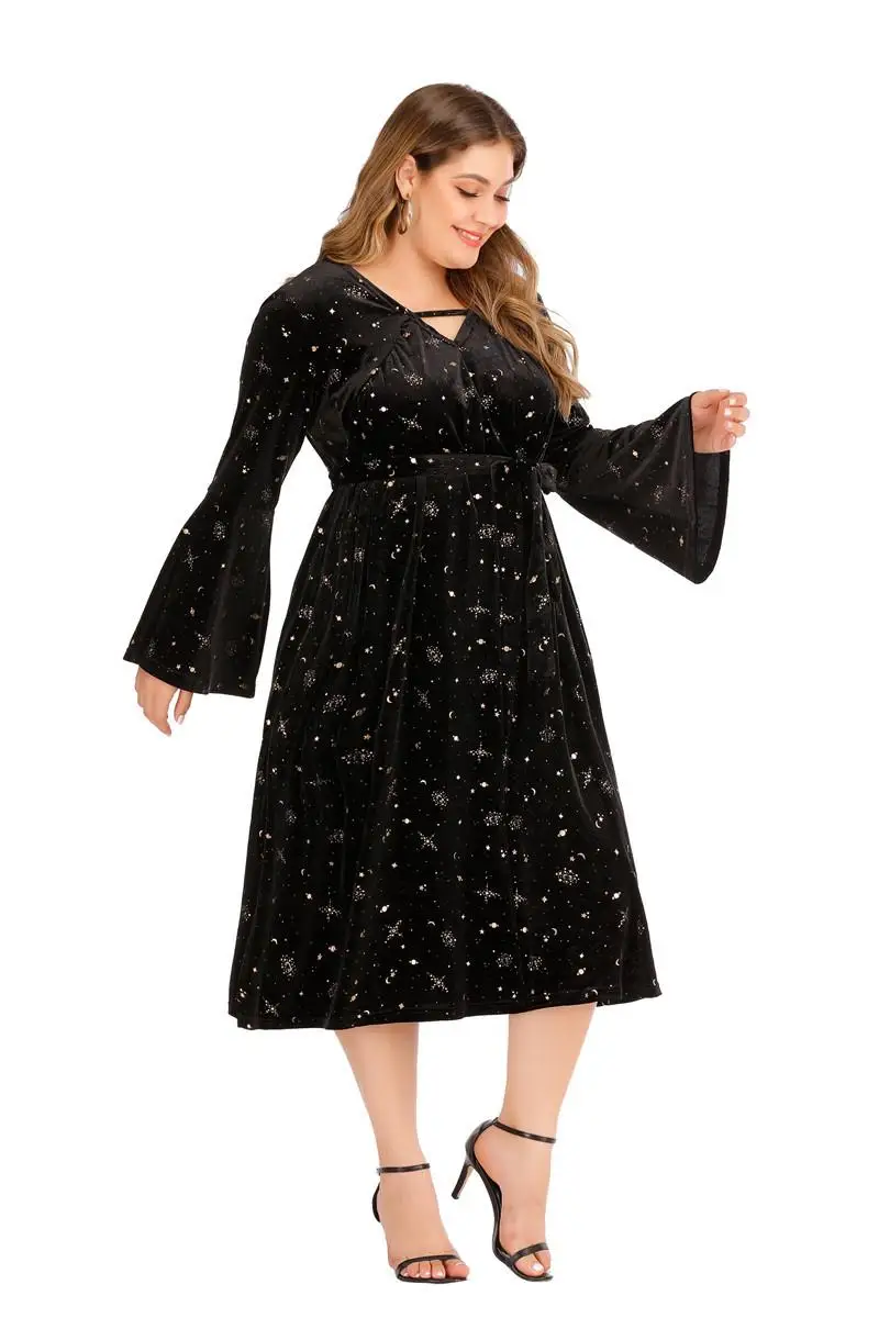 5xl элегантное бархатное платье А-силуэта Вечерние черные длинные платья повседневные Большие размеры женское платье с расклешенными рукавами большие размеры зимние платья