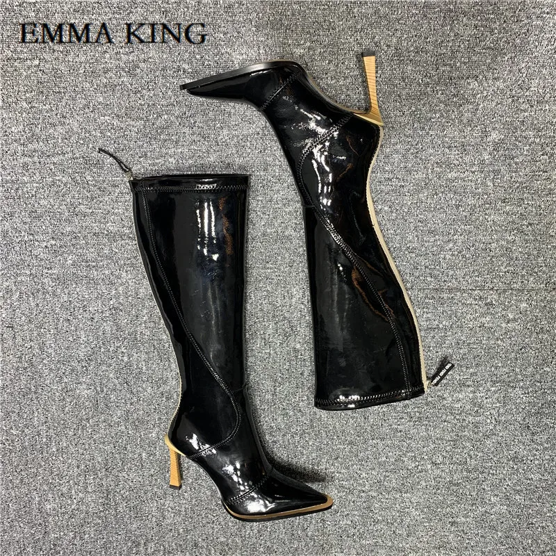 Nature leather HI Женские сапоги до колена из лакированной кожи; Feminina; роскошные сапоги на высоком каблуке; ботиночки для вечеринок; сапоги до колена; коллекция года; сезон осень-весна - Цвет: Nature leather HI