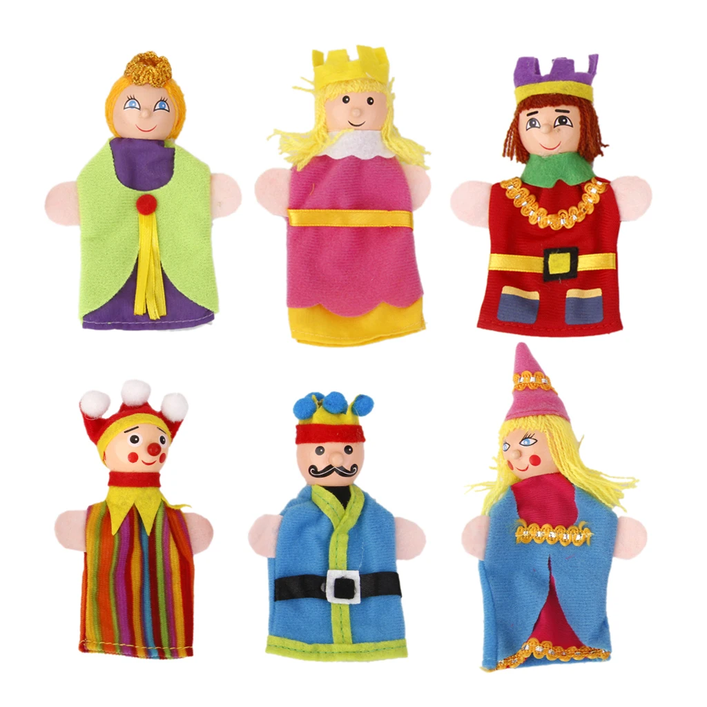 6pcs King & Queen Wooden Head Finger Puppets Children Kids Fairytale Toys